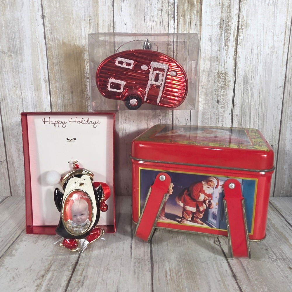 Coca-Cola Santa Tin & Christmas Ornaments Bundle Red Camper Penguin Photo Frame